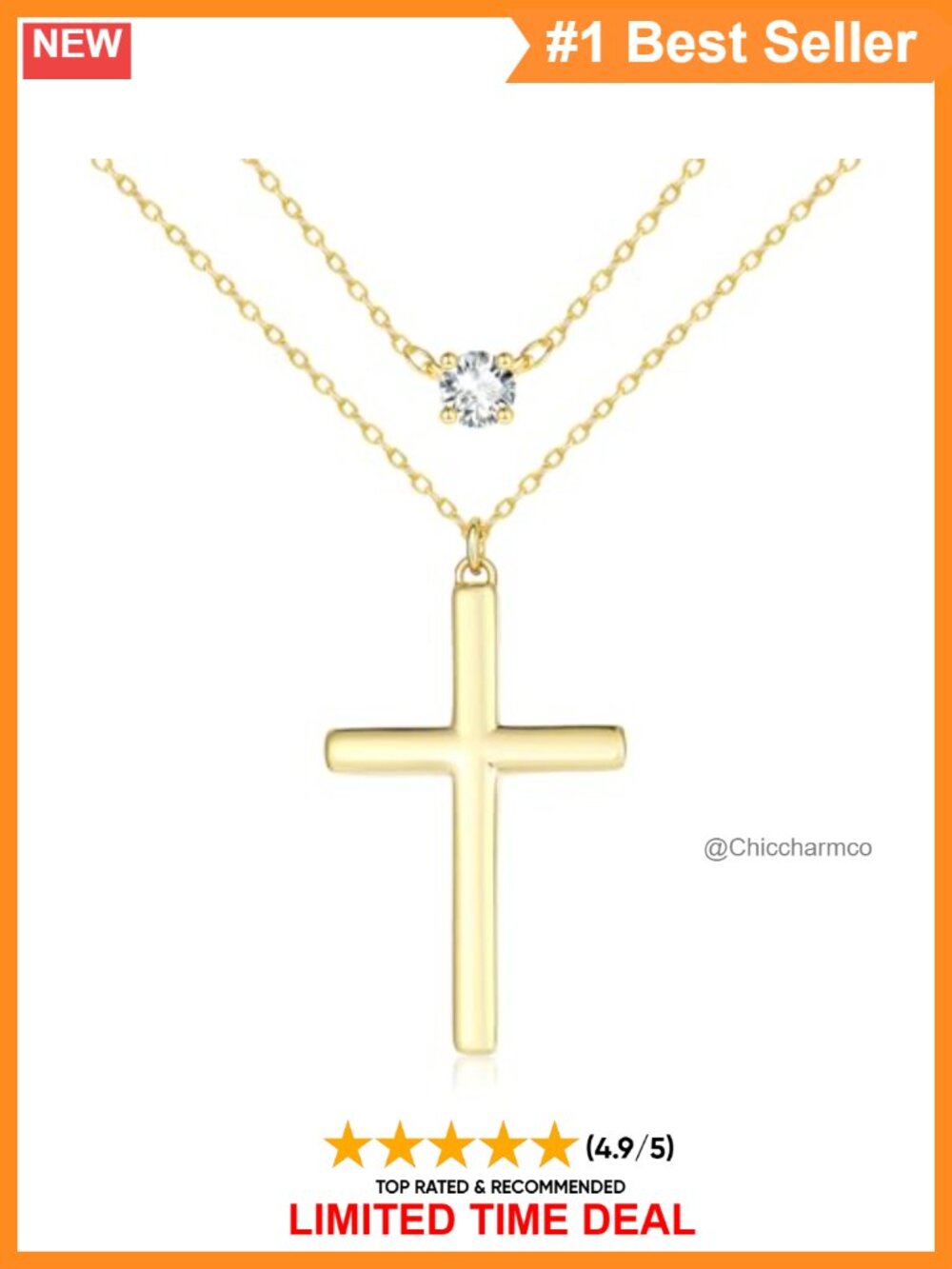 14K Gold Plated Layered Cross Pendant Necklace 18" Cable Chain Religious Gift